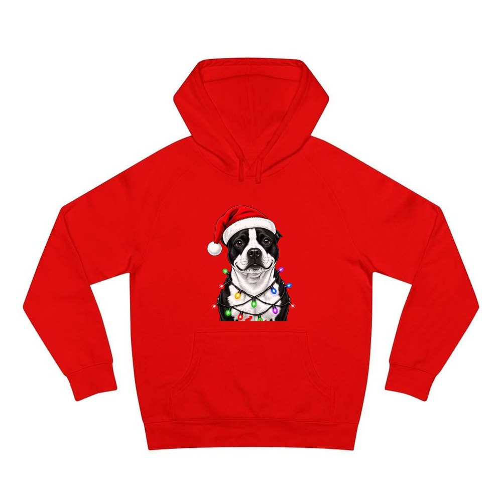 Staffy in Christmas Lights personalised Christmas hoodie in red