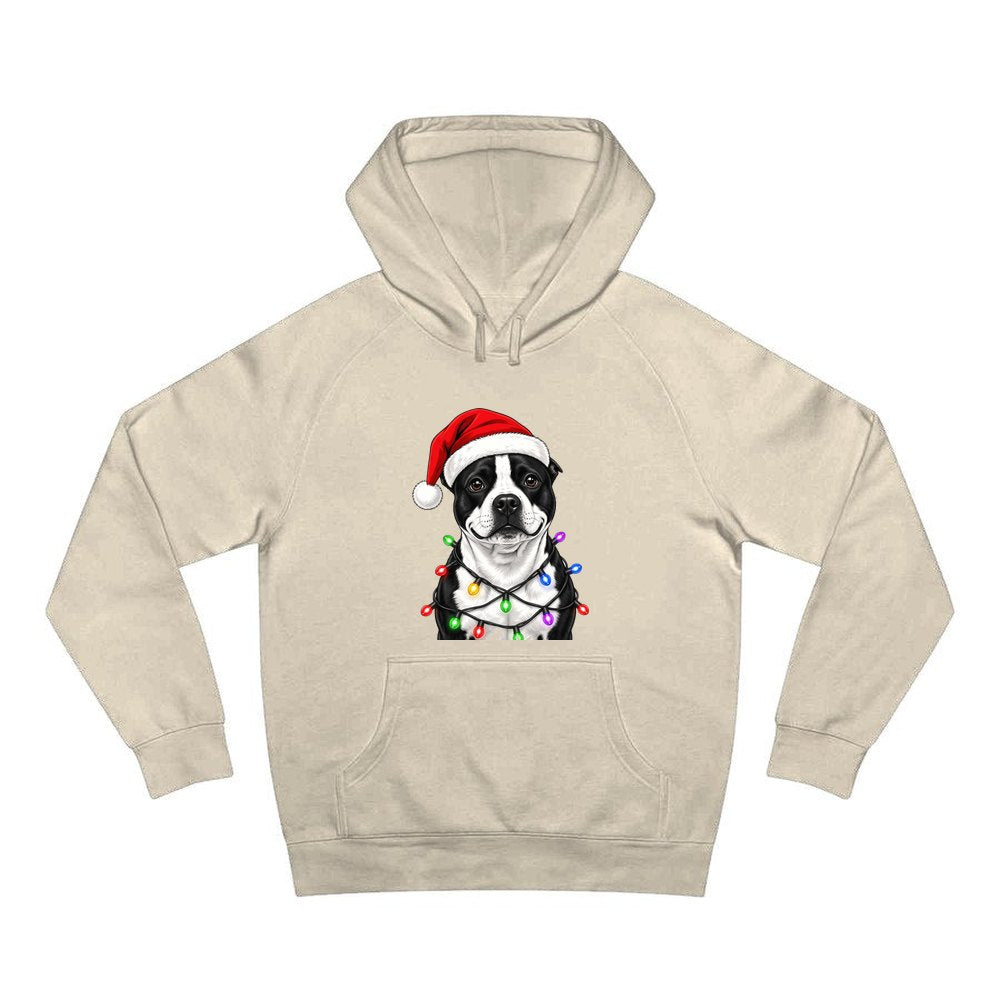 Staffy in Christmas Lights personalised Christmas hoodie in sand