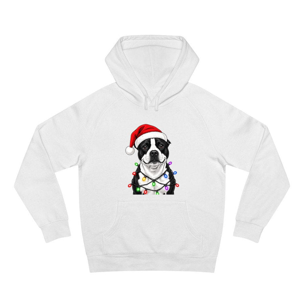 Staffy in Christmas Lights personalised Christmas hoodie in white