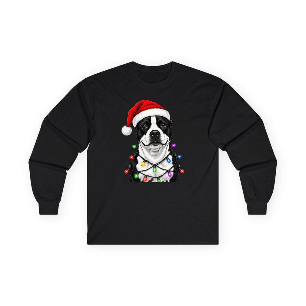 Staffy in Christmas Lights personalised long sleeve Christmas T-shirt in black