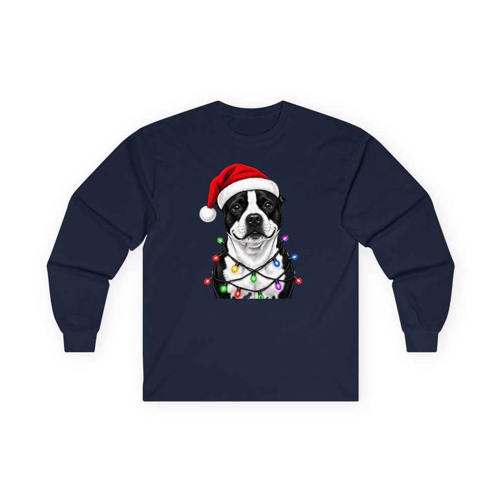 Staffy in Christmas Lights personalised long sleeve Christmas T-shirt in navy