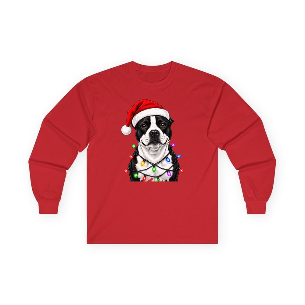 Staffy in Christmas Lights personalised long sleeve Christmas T-shirt in red