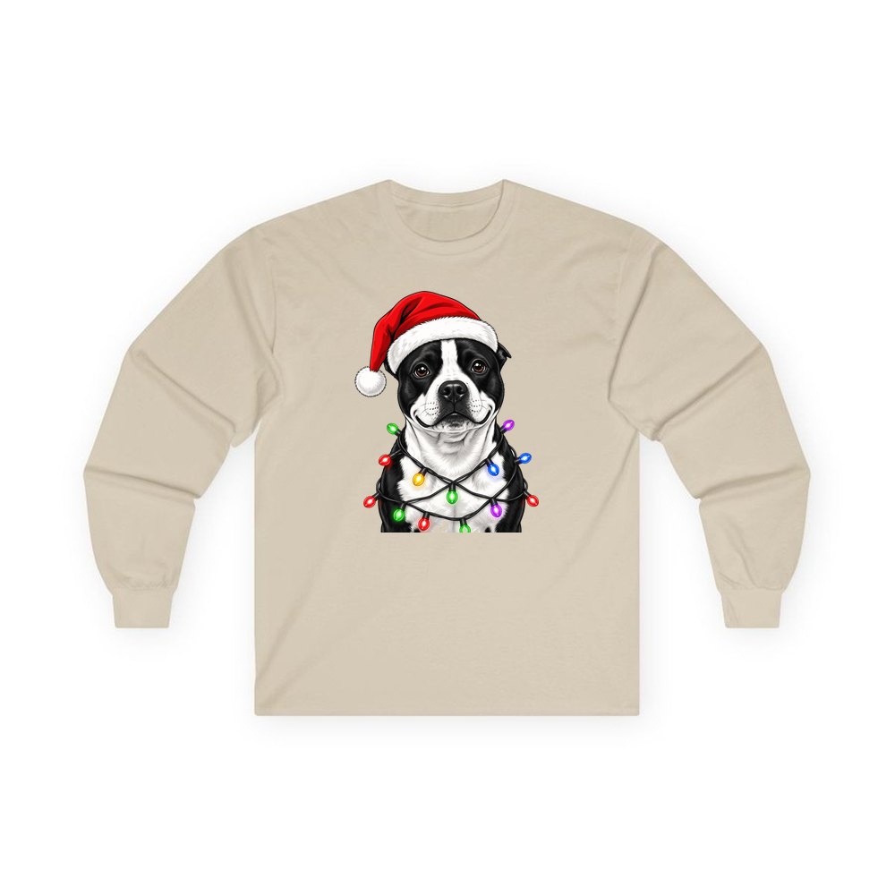 Staffy in Christmas Lights personalised long sleeve Christmas T-shirt in sand