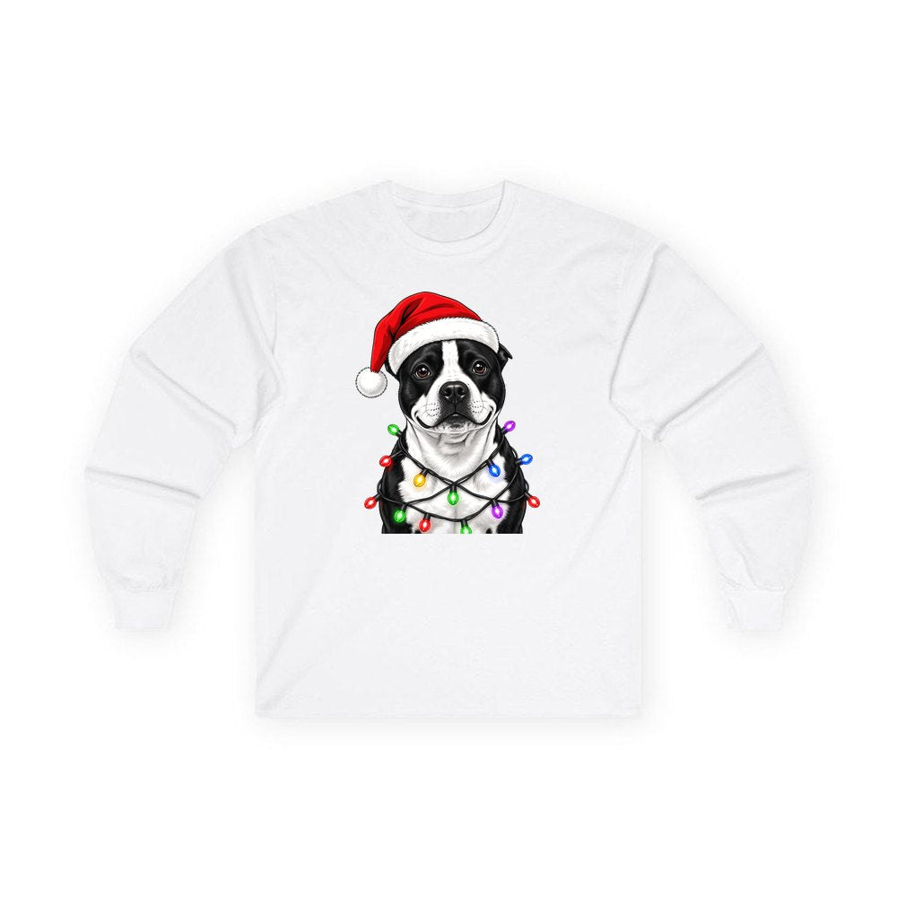 Staffy in Christmas Lights personalised long sleeve Christmas T-shirt in white