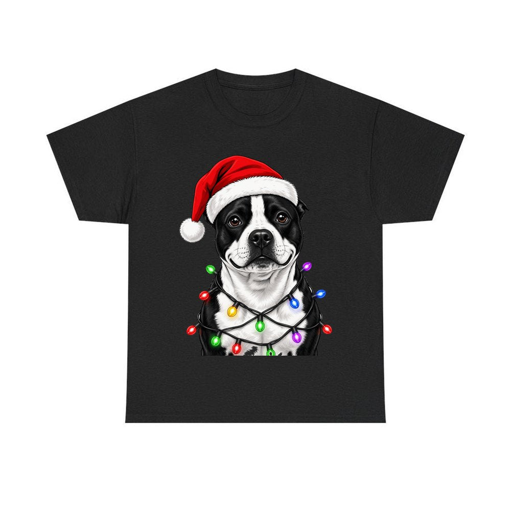 Staffy in Christmas Lights personalised Christmas T-shirt in black
