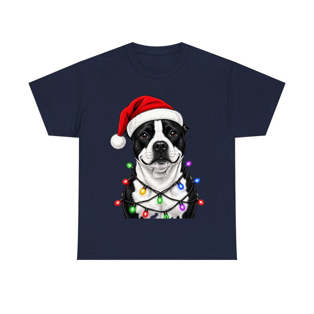Staffy in Christmas Lights personalised Christmas T-shirt in navy