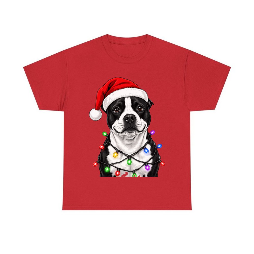 Staffy in Christmas Lights personalised Christmas T-shirt in red