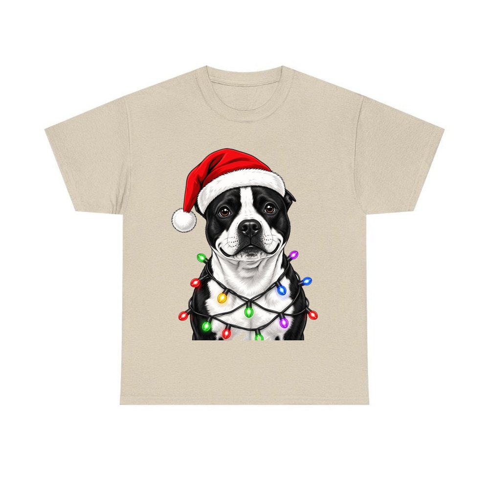 Staffy in Christmas Lights personalised Christmas T-shirt in sand