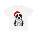 Staffy In Christmas Lights design on a white tee