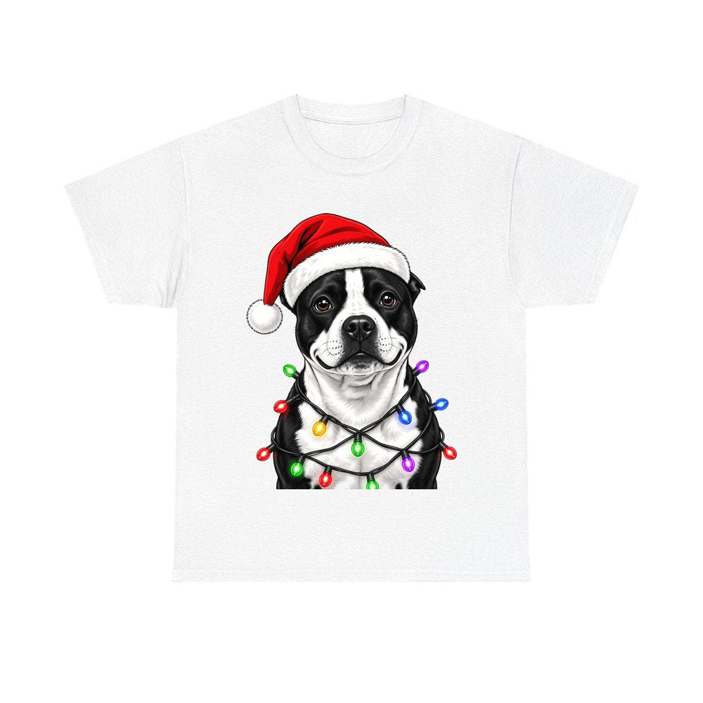 Staffy In Christmas Lights design on a white tee