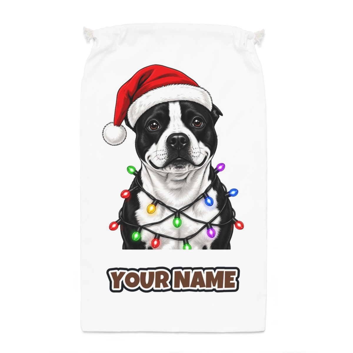 Staffy in Christmas Lights Santa sack laid flat, showing the full print