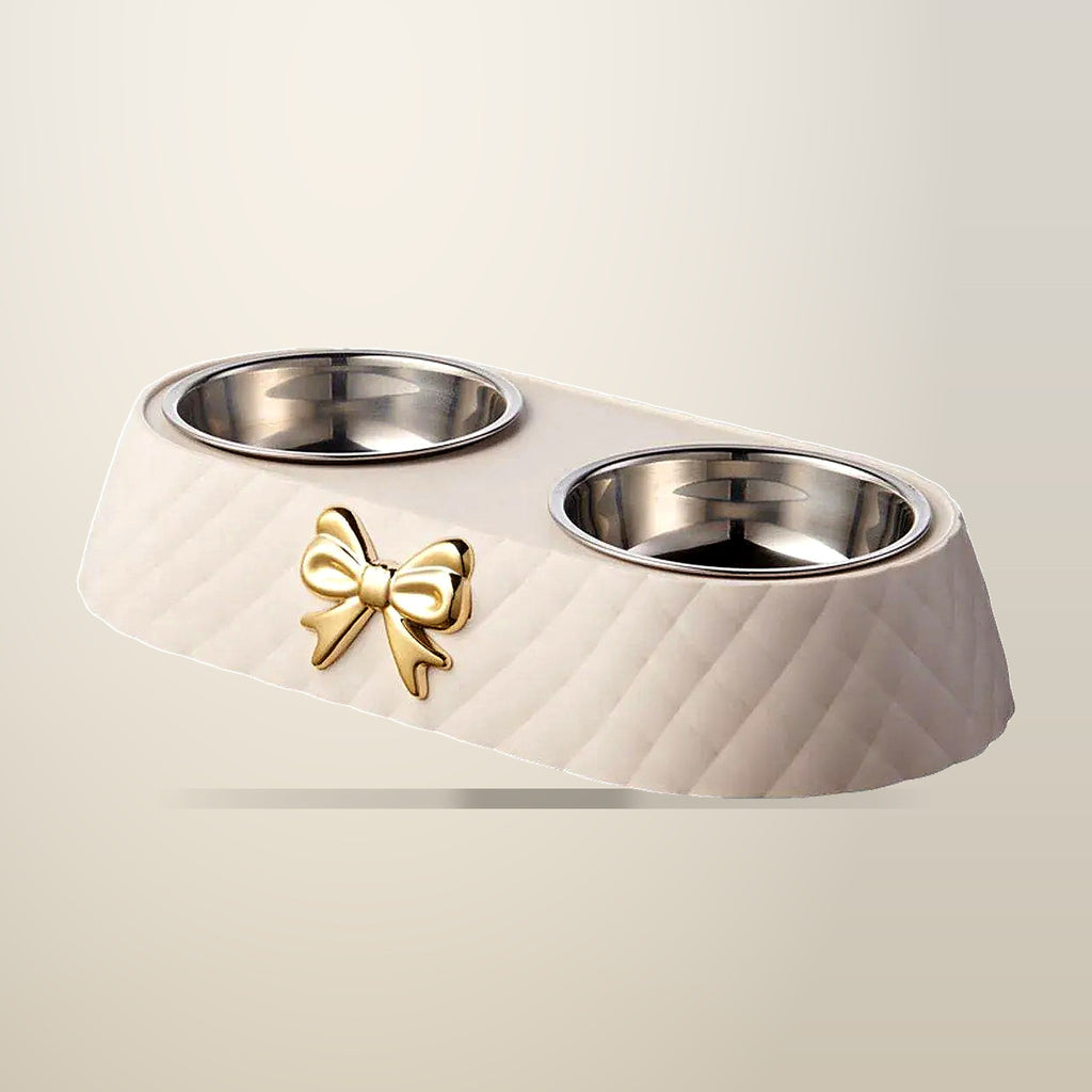 Stainless Steel Double Pet Bowl, Non-Slip, 34 x 17.5 cm, on a plain cream background