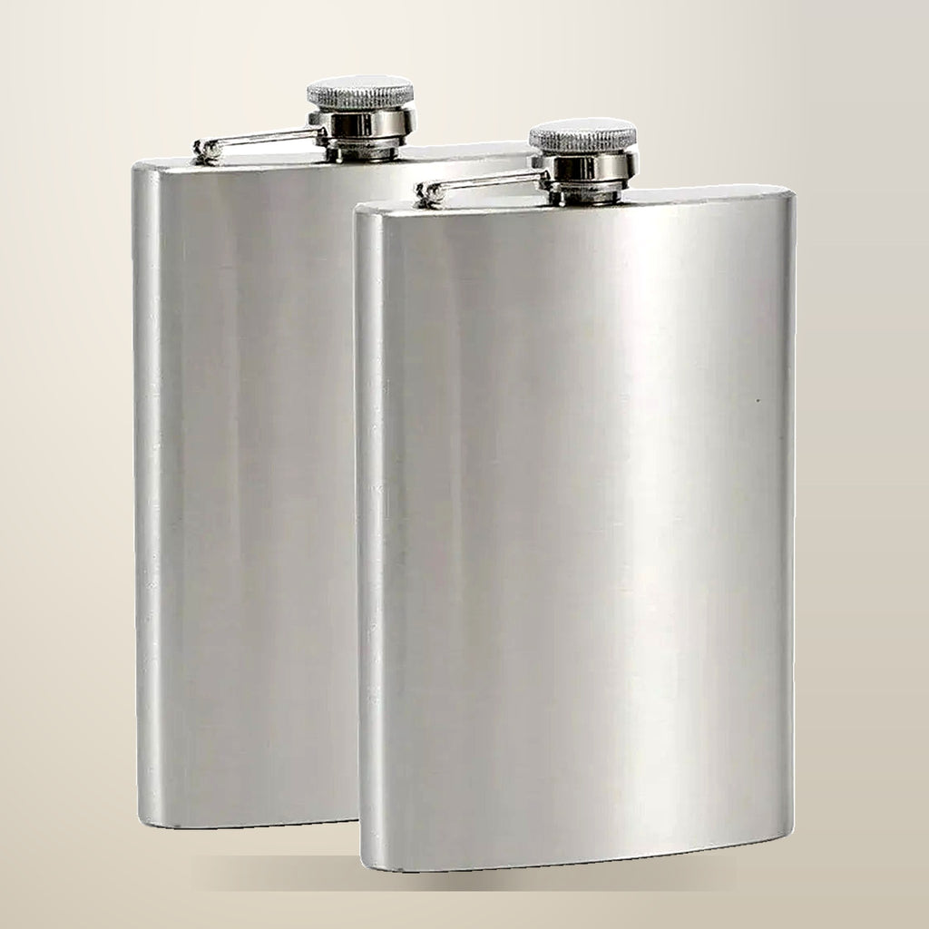 Stainless Steel Hip Flask with Screw Cap, 10 oz, 2 Pack, on a plain cream background