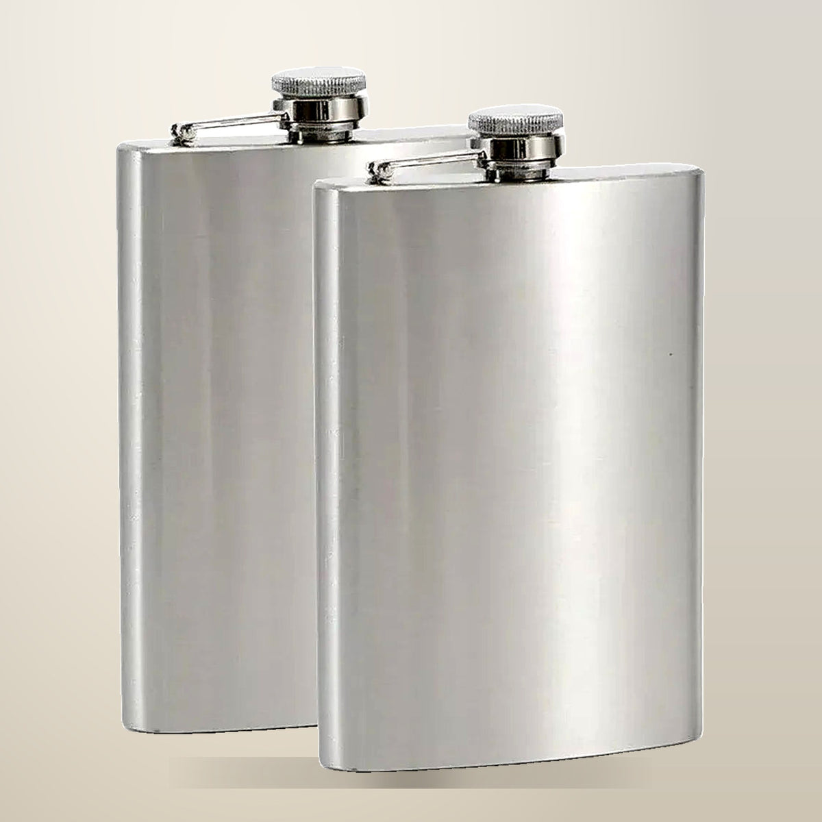 Stainless Steel Hip Flask with Screw Cap, 10 oz, 2 Pack, on a plain cream background
