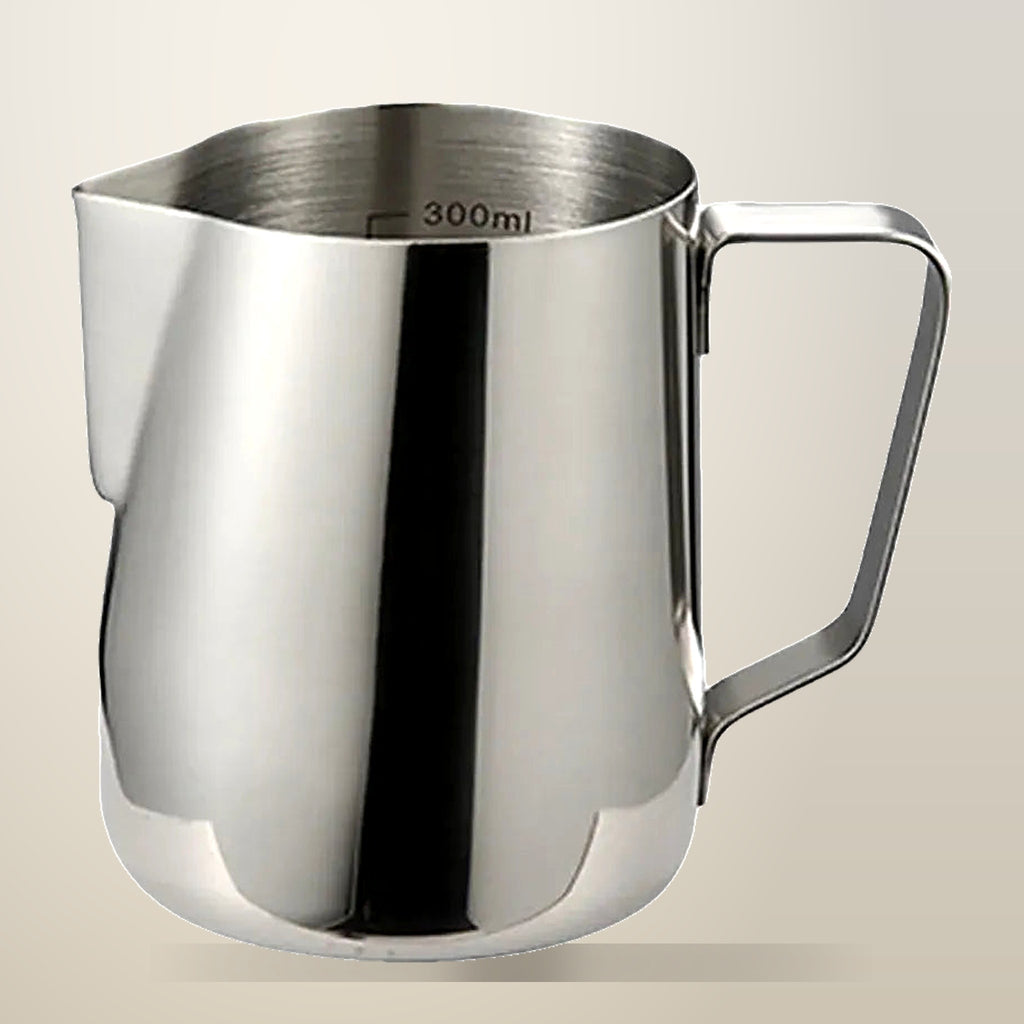 Stainless Steel Milk Frothing Jug for Latte Art, 350 ml, on a plain cream background