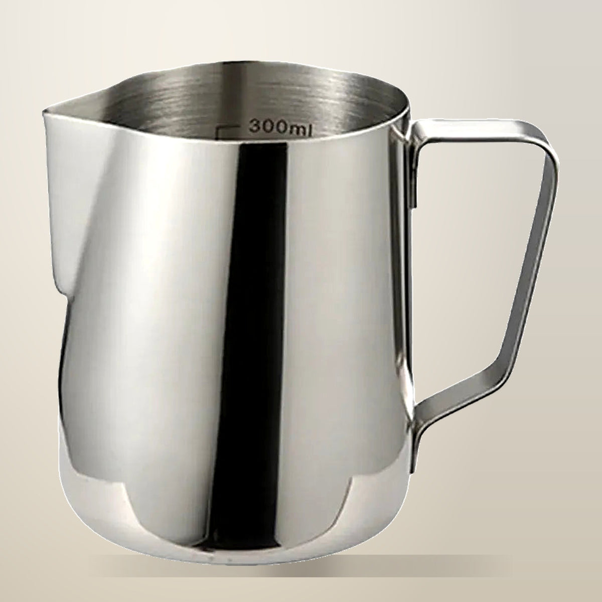 Stainless Steel Milk Frothing Jug for Latte Art, 350 ml, on a plain cream background