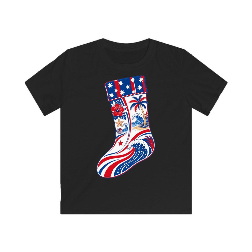 Stars And Waves Beach Stocking personalised kids Christmas tee in black