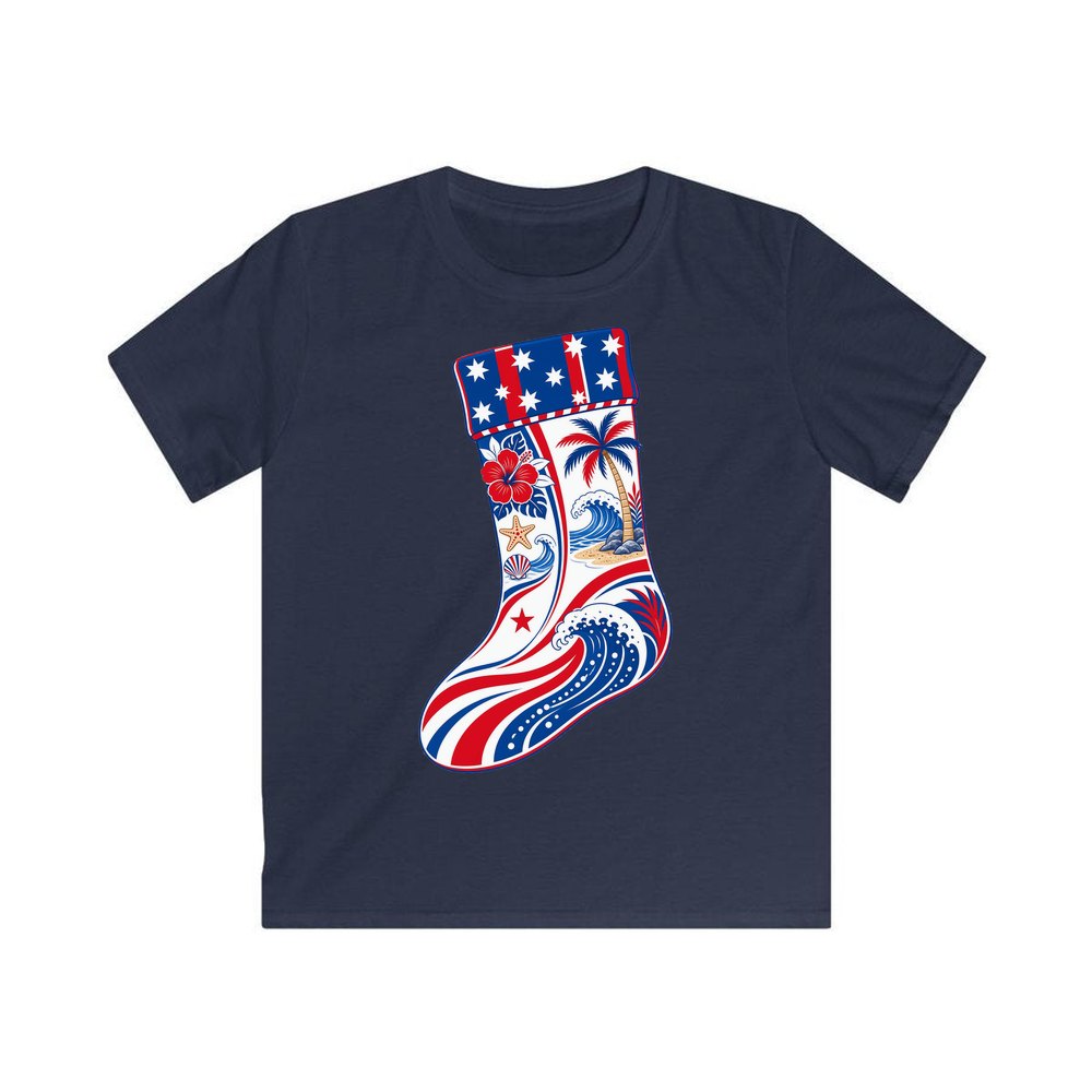 Stars And Waves Beach Stocking personalised kids Christmas tee in navy