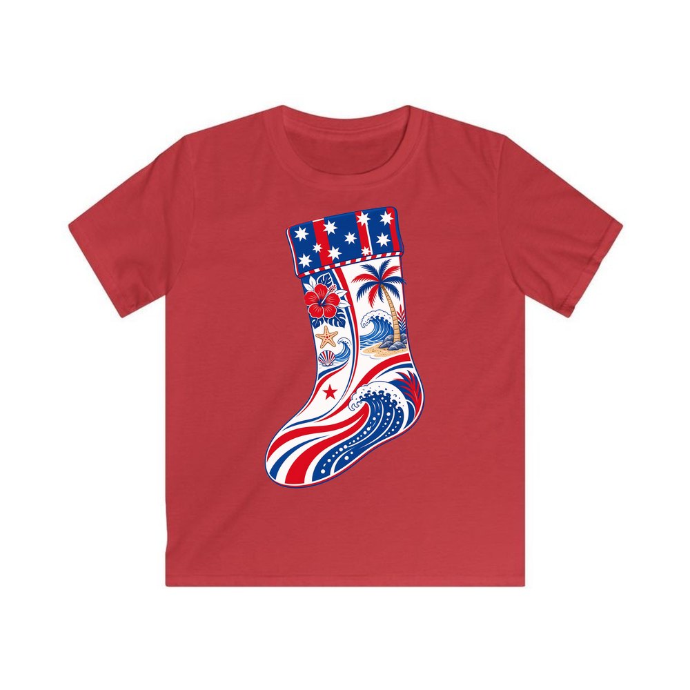Stars And Waves Beach Stocking personalised kids Christmas tee in red
