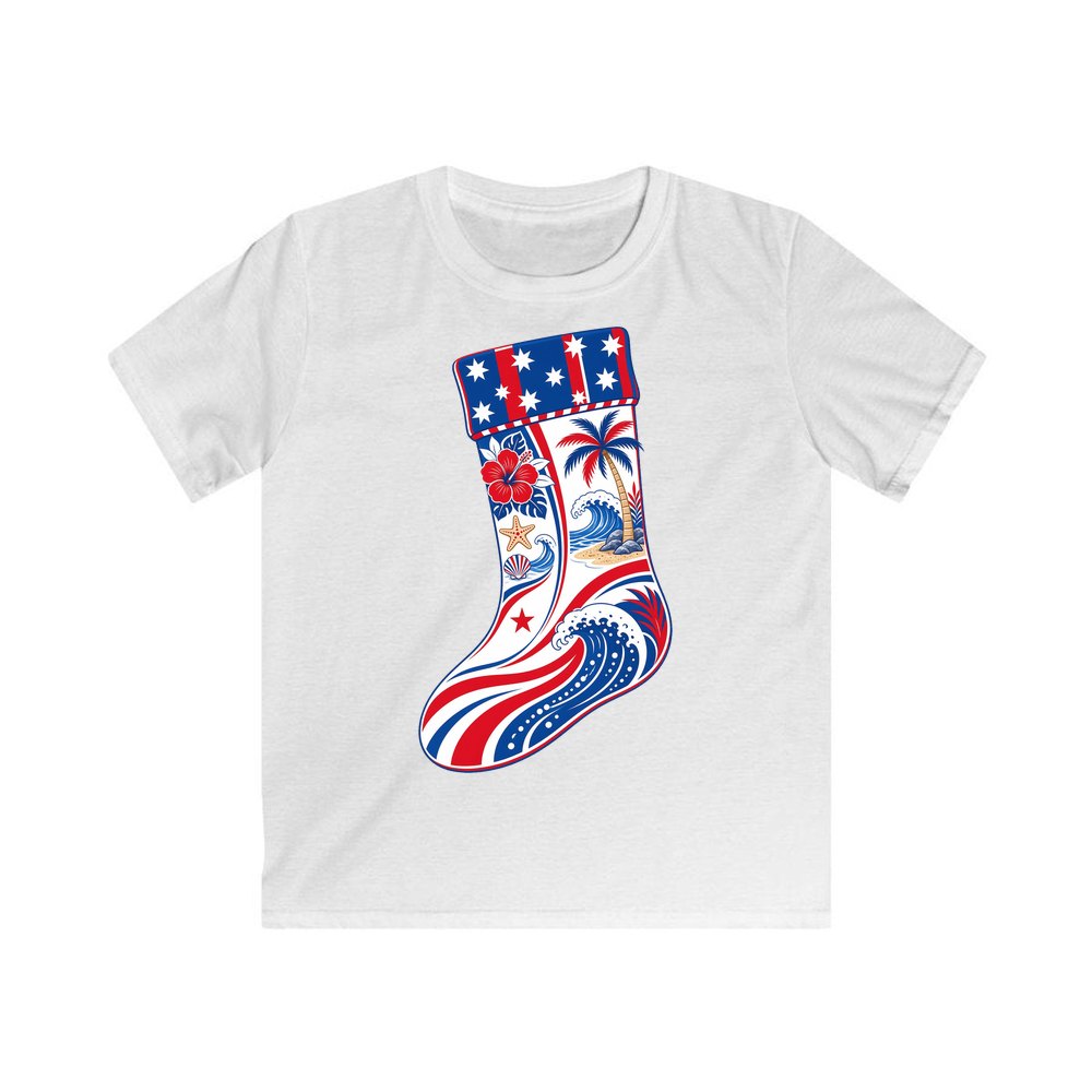 Stars And Waves Beach Stocking personalised kids Christmas tee in white