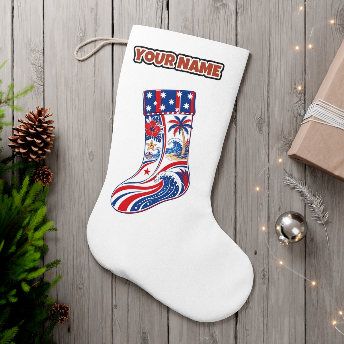 Stars And Waves Beach Stocking personalised Christmas stocking, white, with the name across the top