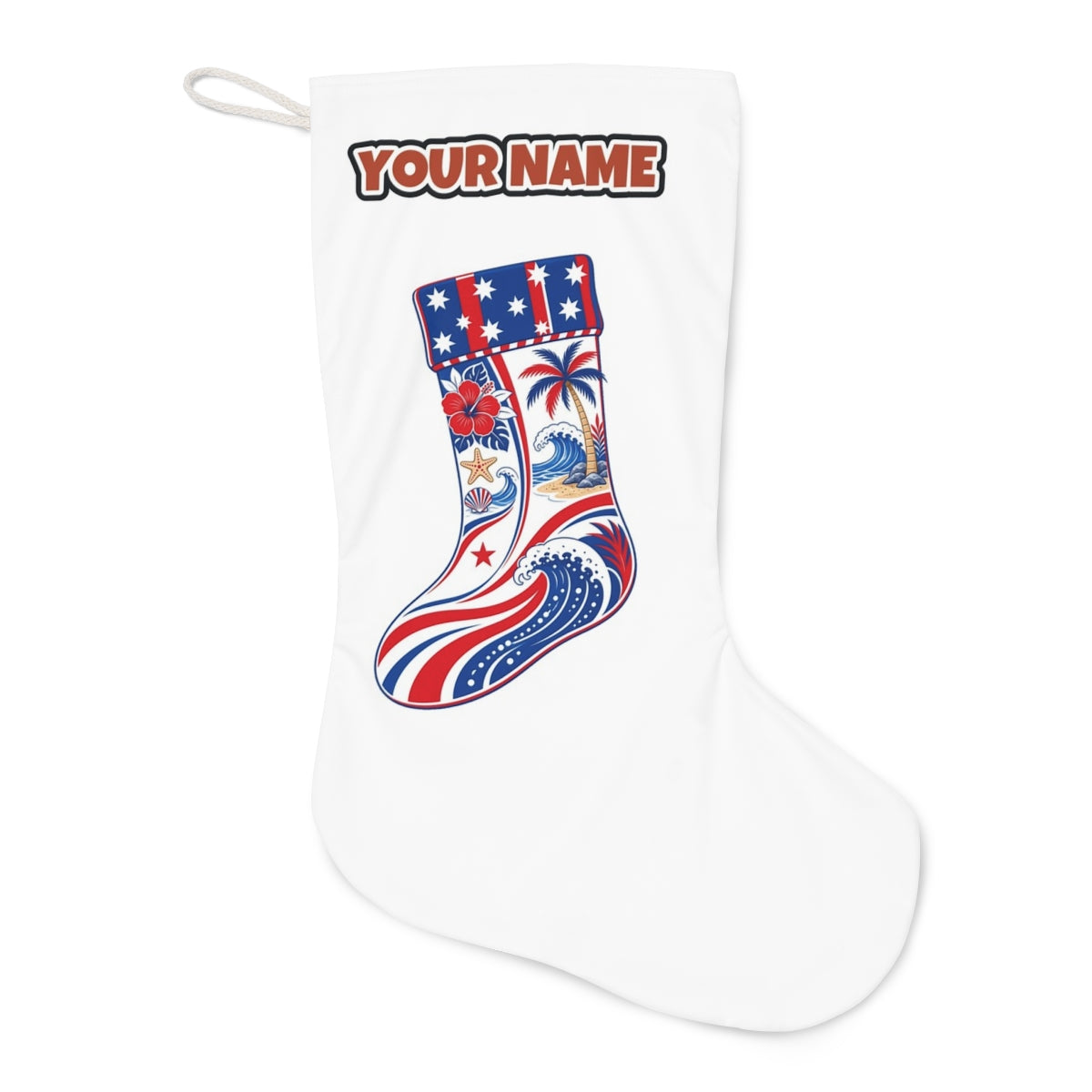 Stars And Waves Beach Stocking Christmas stocking laid flat, showing the full print