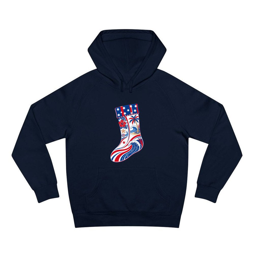 Stars And Waves Beach Stocking personalised Christmas hoodie in navy