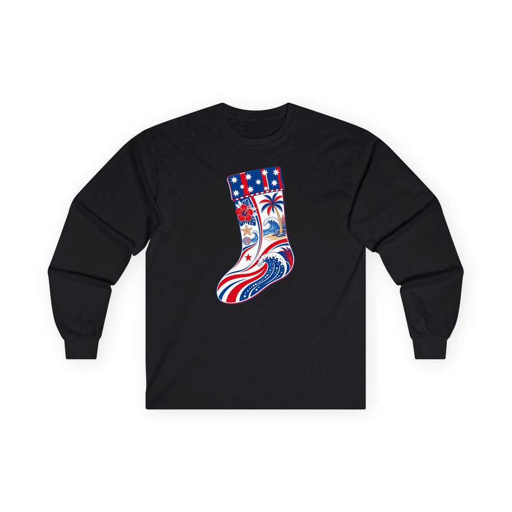 Stars And Waves Beach Stocking personalised long sleeve Christmas T-shirt in black