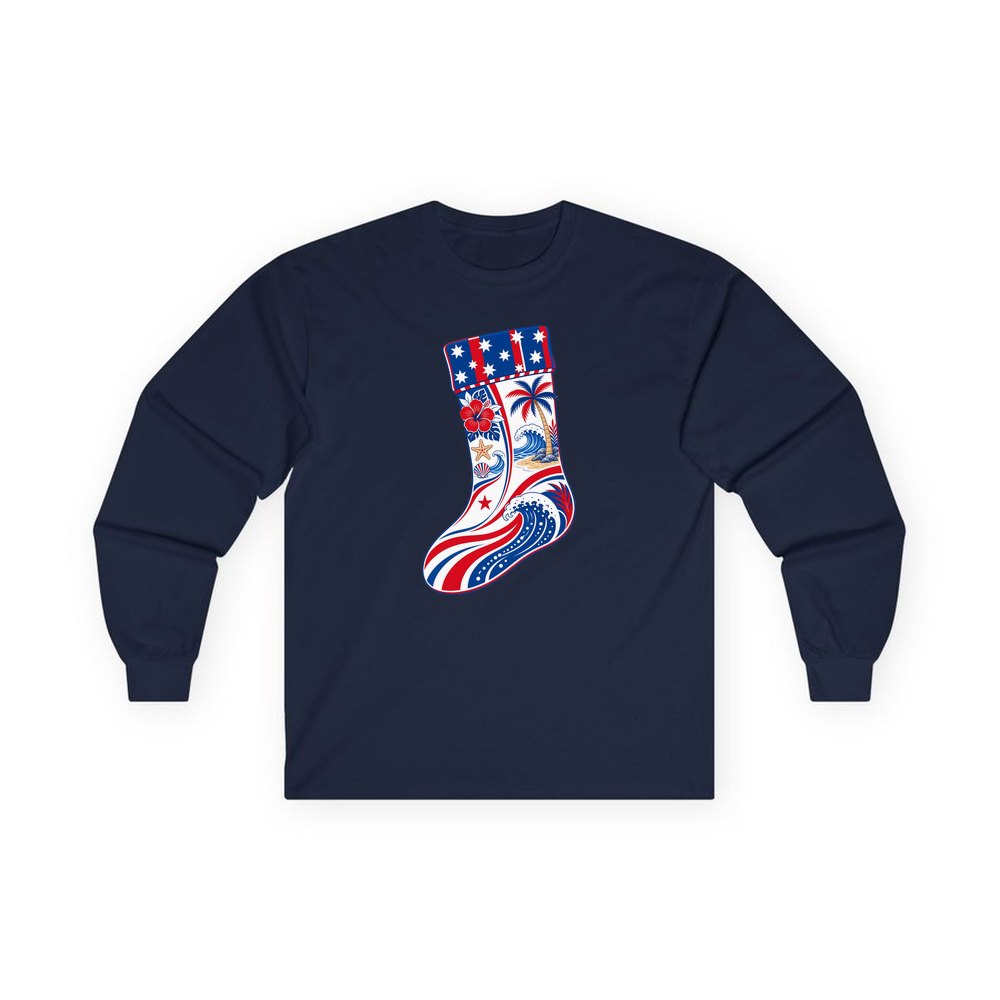 Stars And Waves Beach Stocking personalised long sleeve Christmas T-shirt in navy