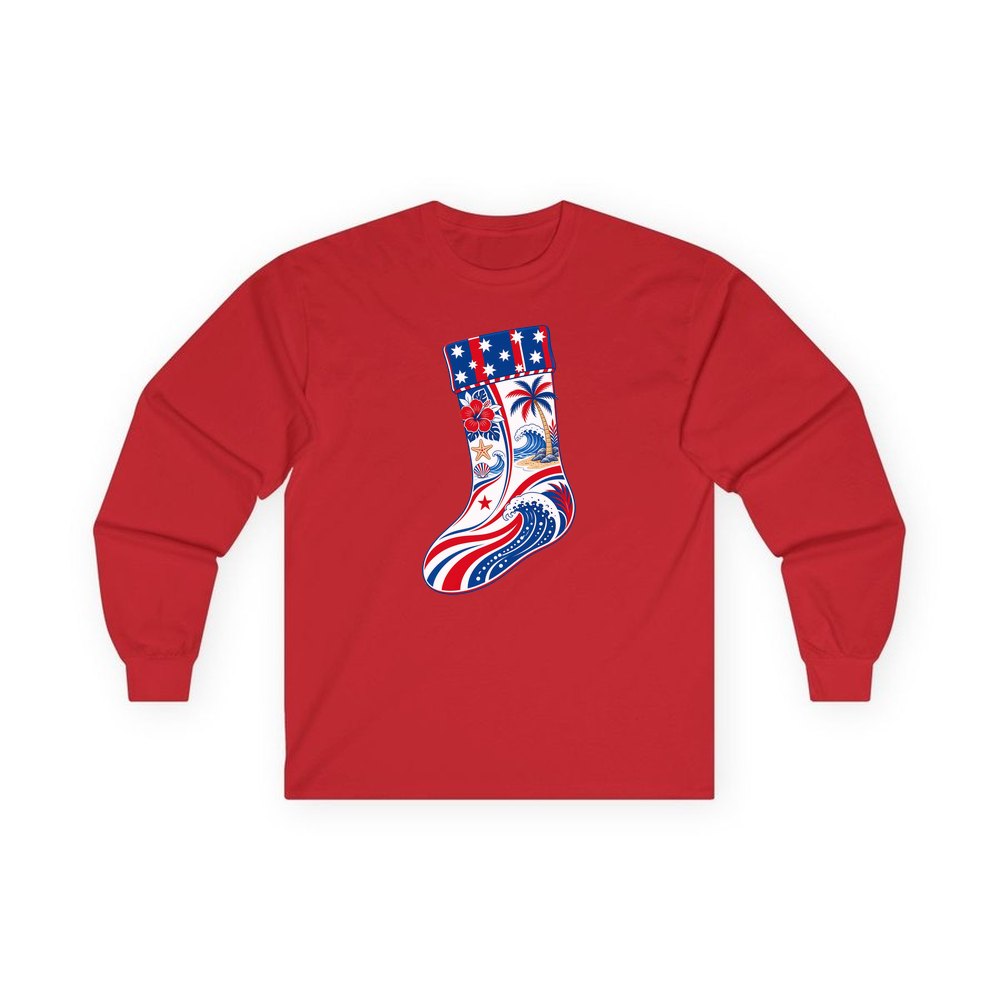 Stars And Waves Beach Stocking personalised long sleeve Christmas T-shirt in red