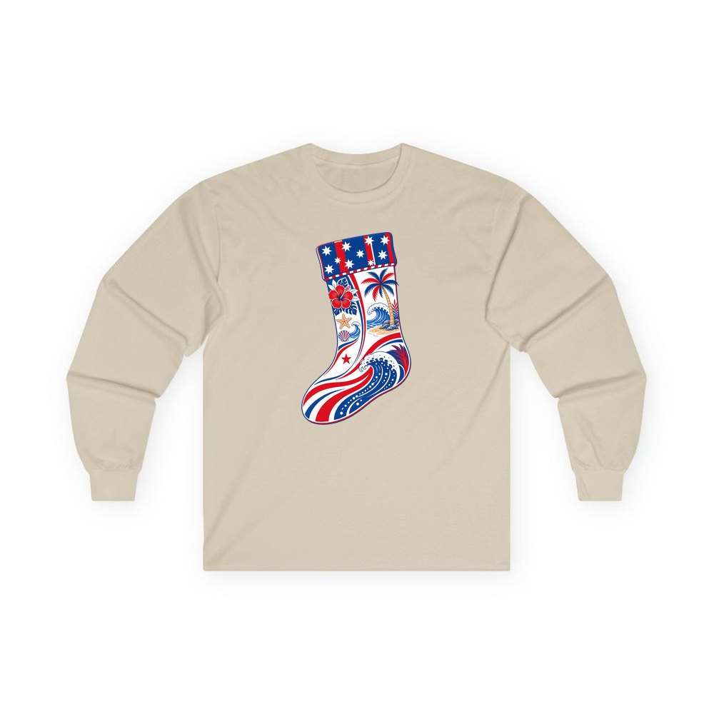 Stars And Waves Beach Stocking personalised long sleeve Christmas T-shirt in sand