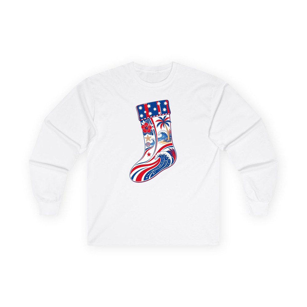 Stars And Waves Beach Stocking personalised long sleeve Christmas T-shirt in white