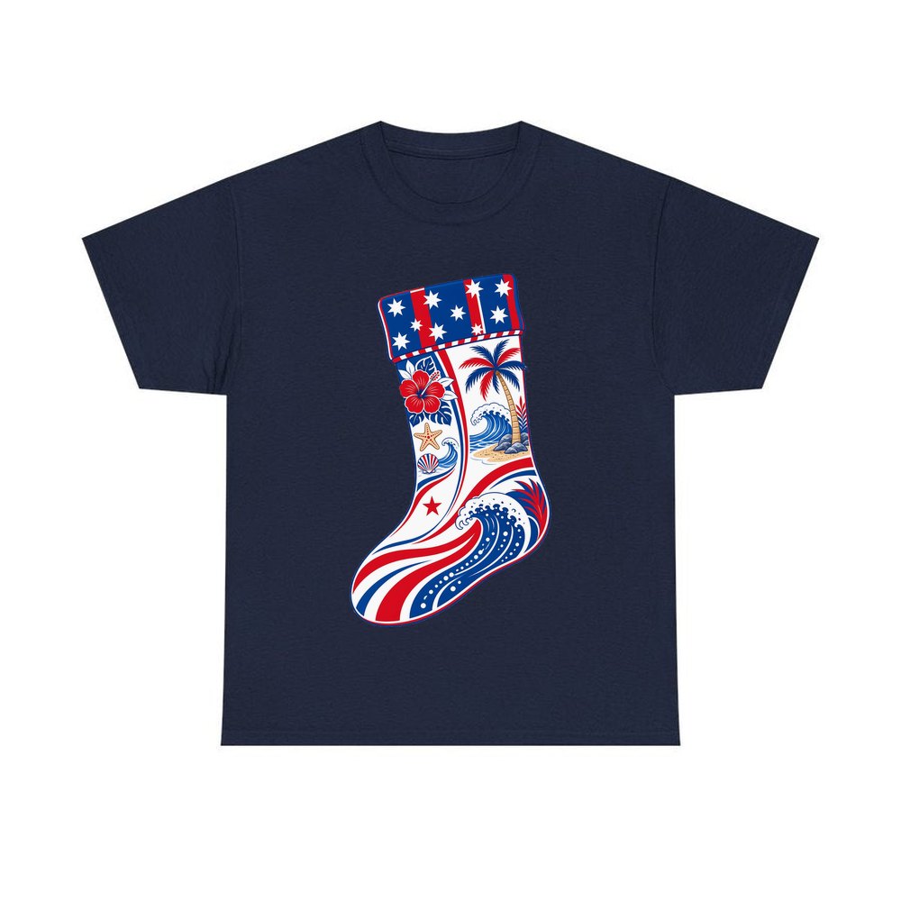 Stars And Waves Beach Stocking personalised Christmas T-shirt in navy