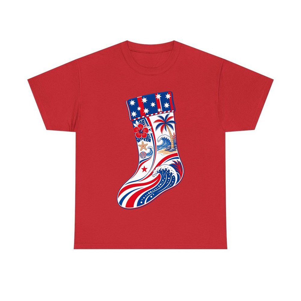 Stars And Waves Beach Stocking personalised Christmas T-shirt in red