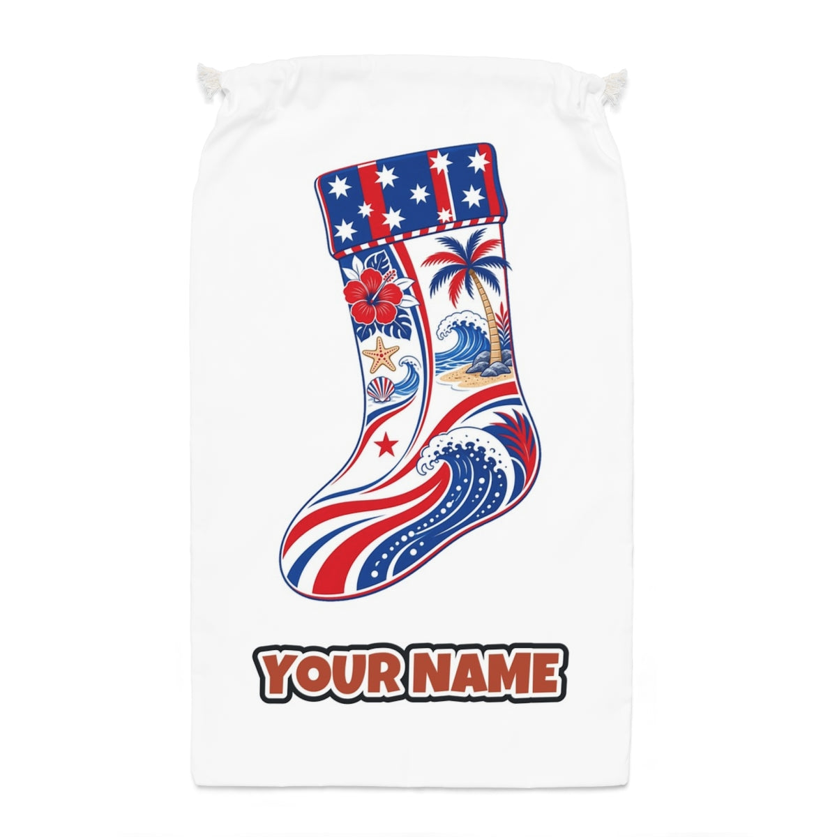 Stars And Waves Beach Stocking Santa sack laid flat, showing the full print