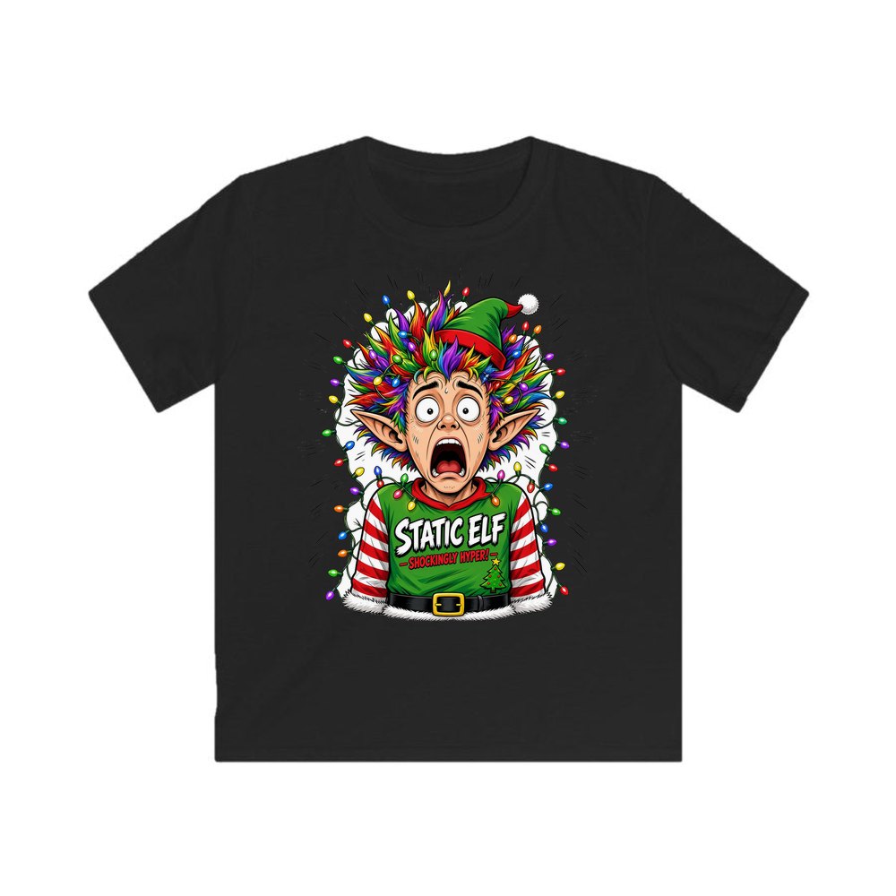 Static Elf personalised kids Christmas tee in black