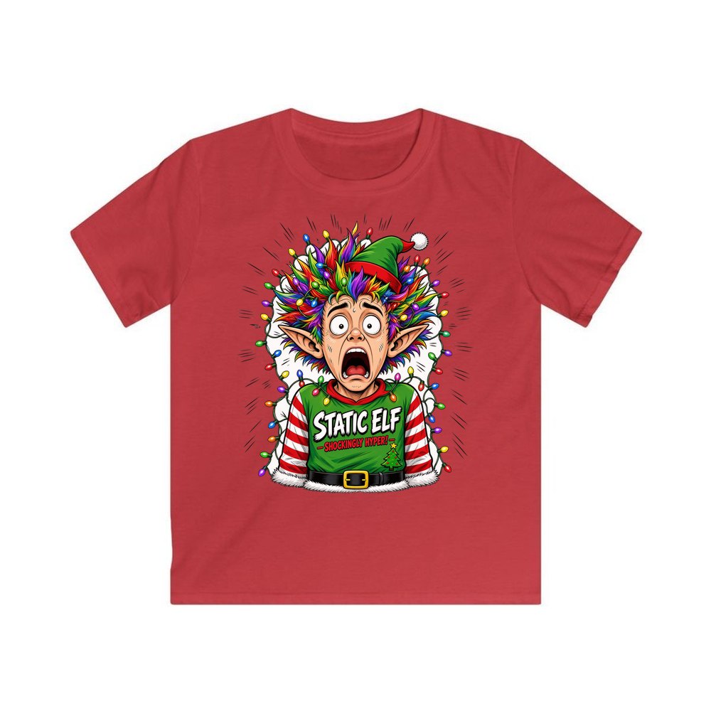 Static Elf personalised kids Christmas tee in red