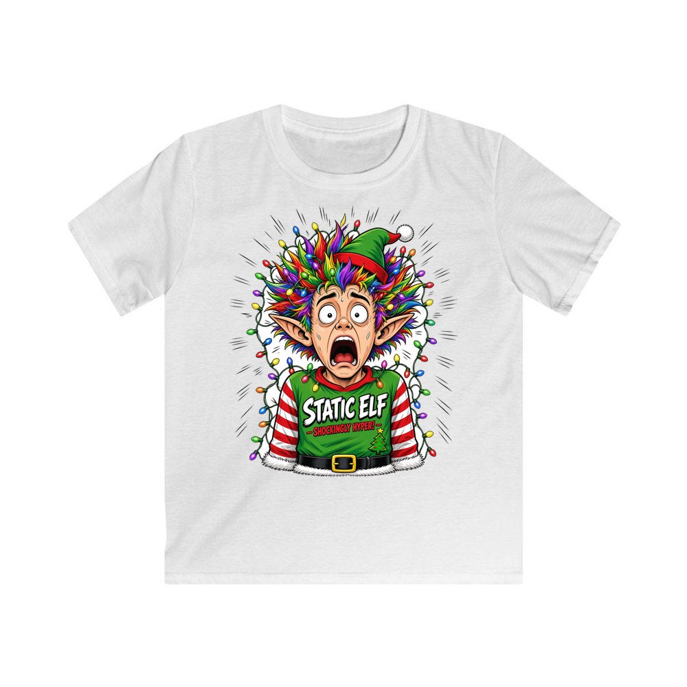 Static Elf personalised kids Christmas tee in white