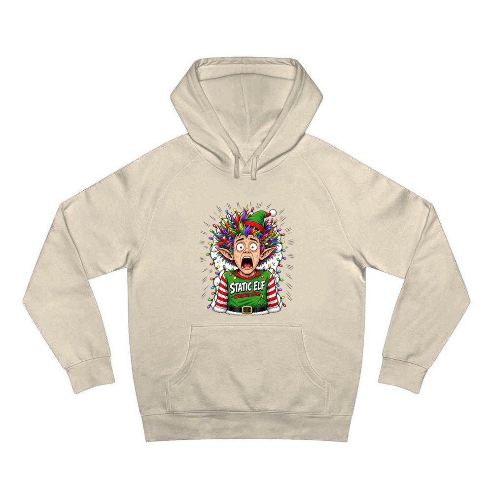 Static Elf personalised Christmas hoodie in sand
