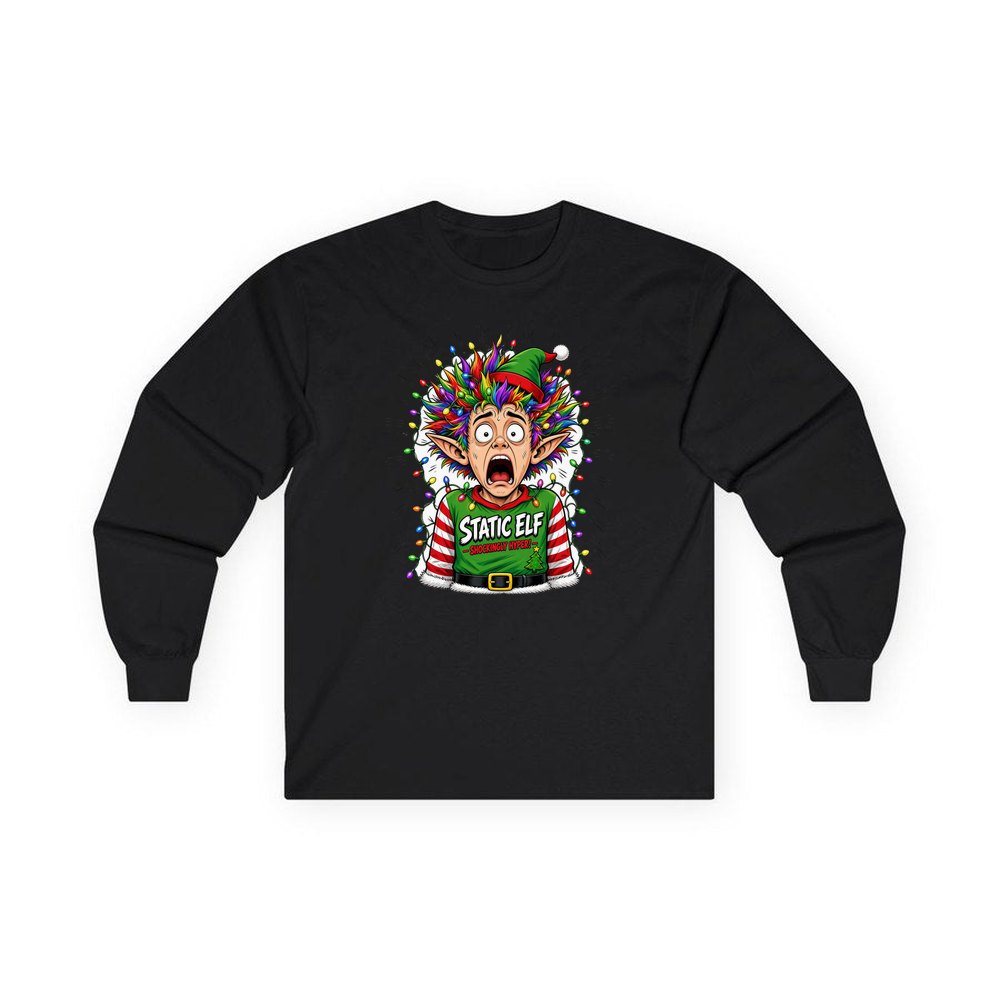 Static Elf personalised long sleeve Christmas T-shirt in black