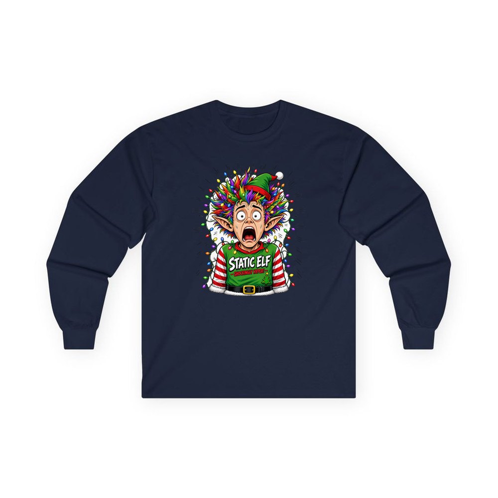 Static Elf personalised long sleeve Christmas T-shirt in navy