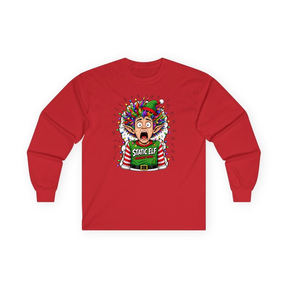 Static Elf personalised long sleeve Christmas T-shirt in red