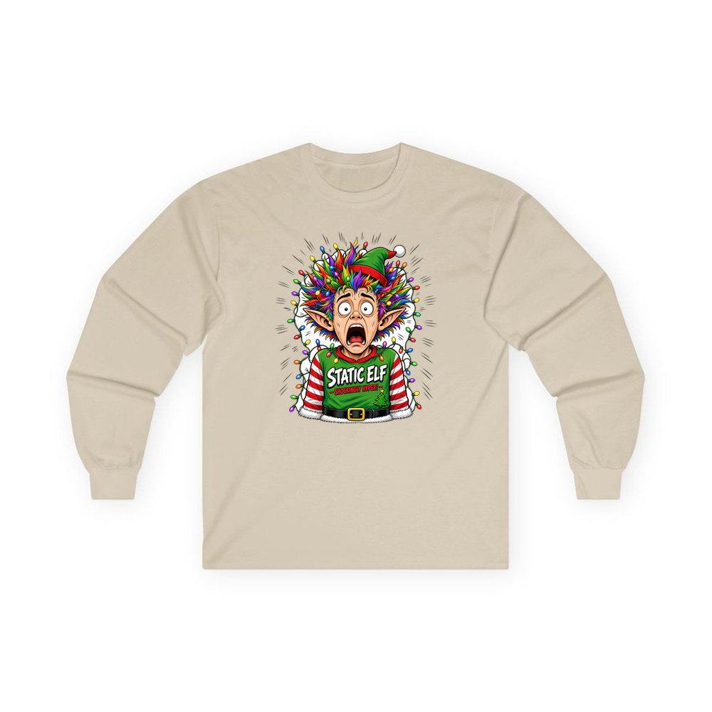Static Elf personalised long sleeve Christmas T-shirt in sand