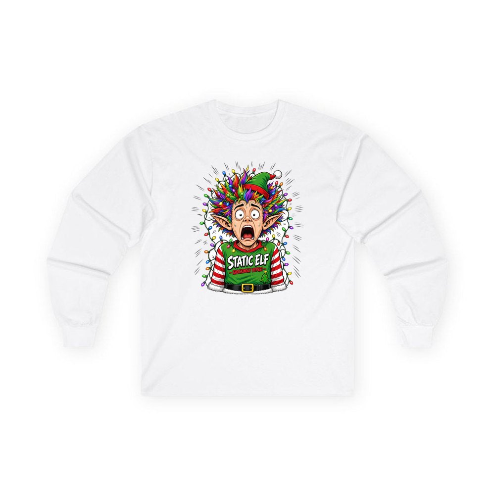 Static Elf personalised long sleeve Christmas T-shirt in white