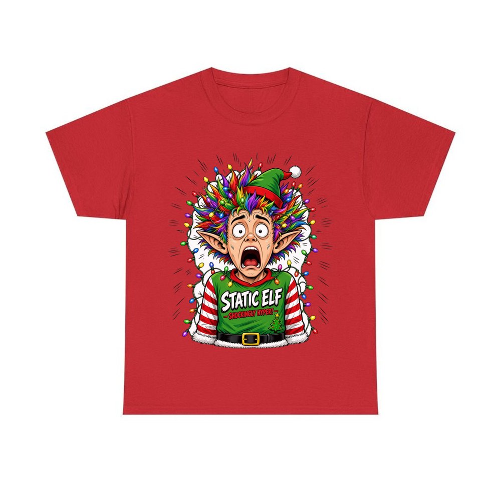 Static Elf personalised Christmas T-shirt in red