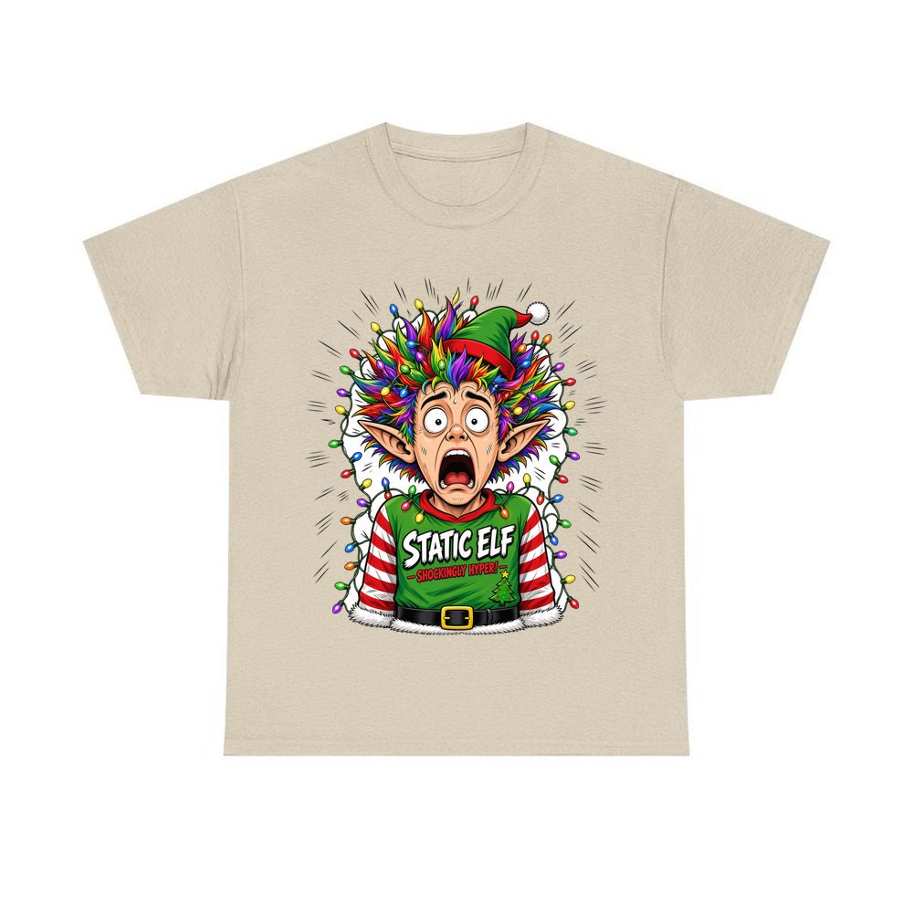 Static Elf personalised Christmas T-shirt in sand