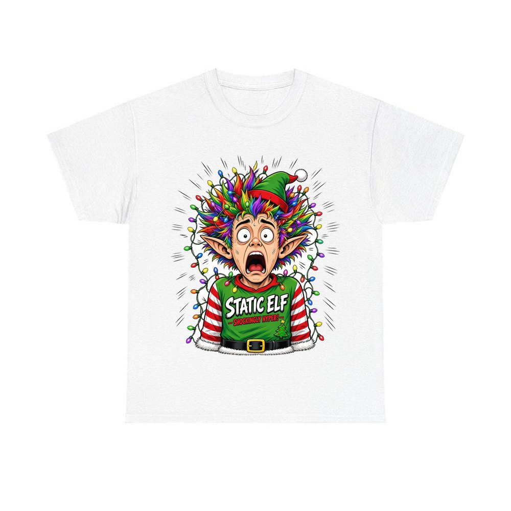 Static Elf personalised Christmas T-shirt in white