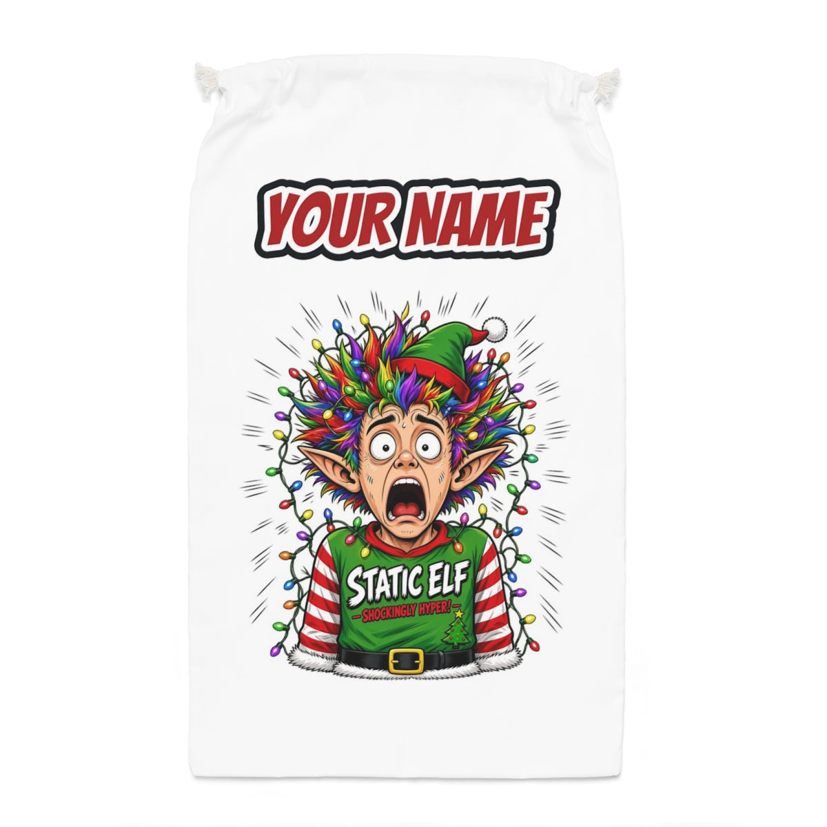 Static Elf Santa sack laid flat, showing the full print