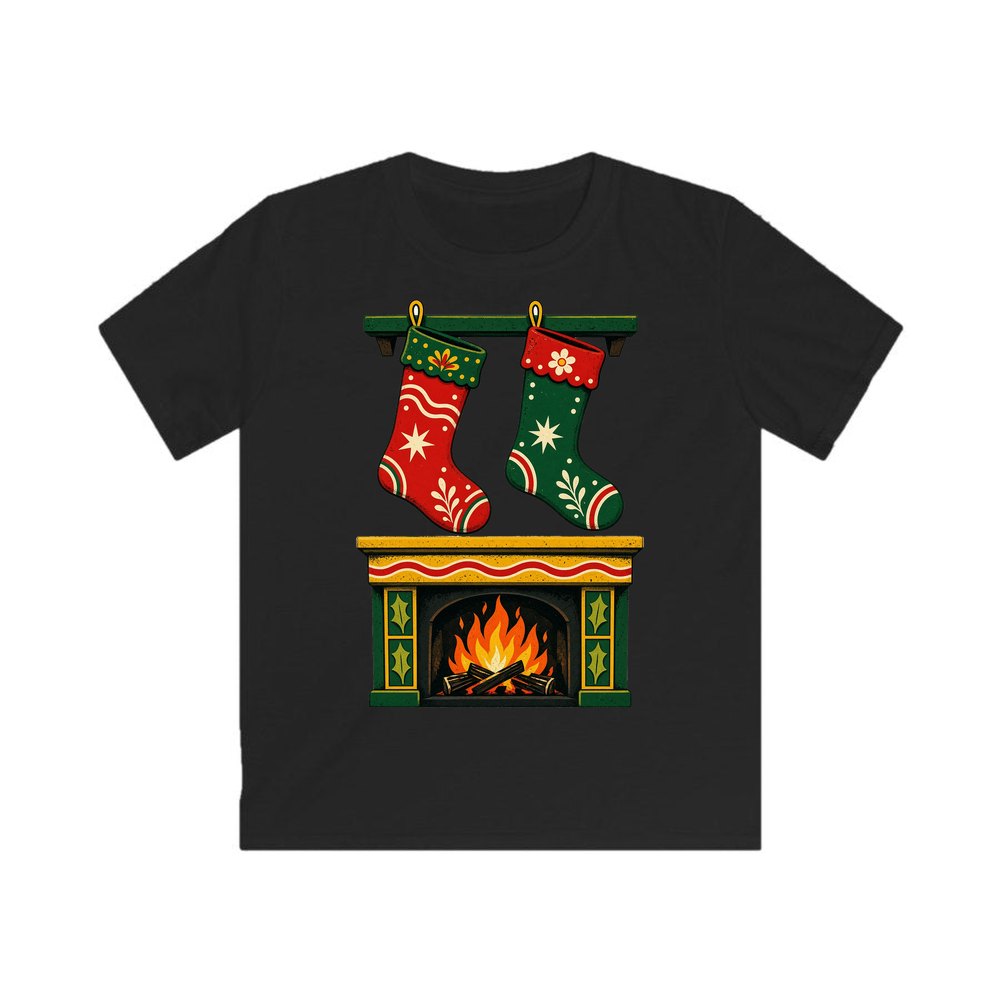 Stockings Above the Fireplace personalised kids Christmas tee in black