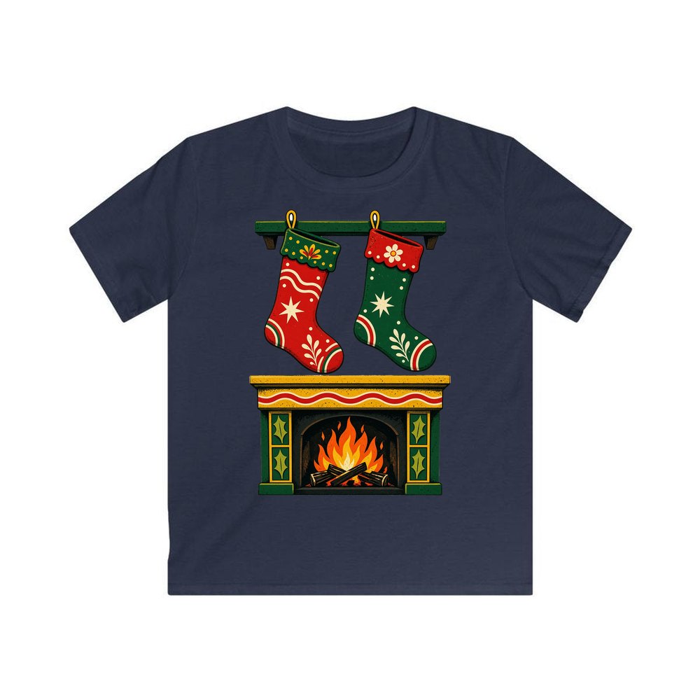 Stockings Above the Fireplace personalised kids Christmas tee in navy